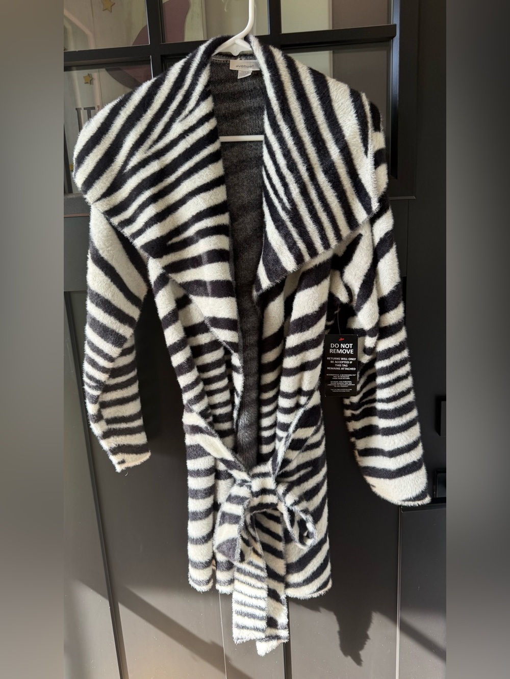 Avenue Black and White Zebra-Print Belted Cardigan
